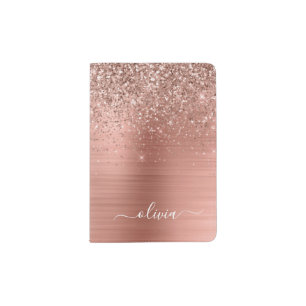 Brushed Metal Rose Gold Pink Glitter Monogram Passport Holder