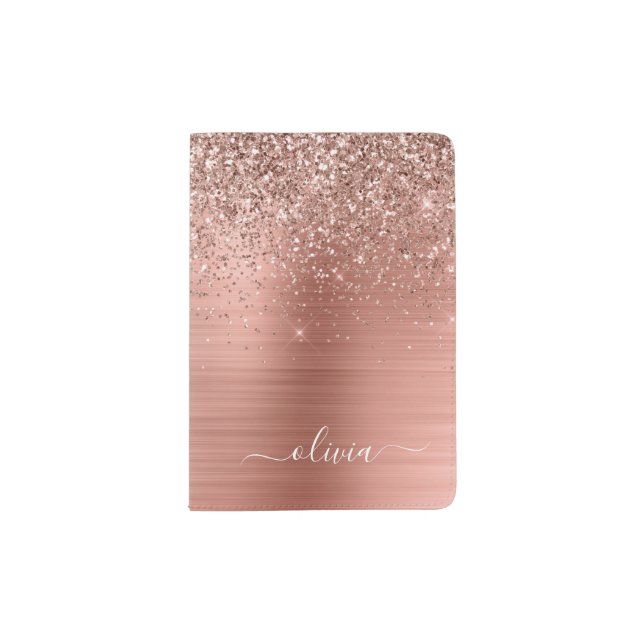Brushed Metal Rose Gold Pink Glitter Monogram Passport Holder (Front)