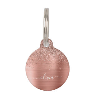 Brushed Metal Rose Gold Pink Glitter Monogram Pet ID Tag