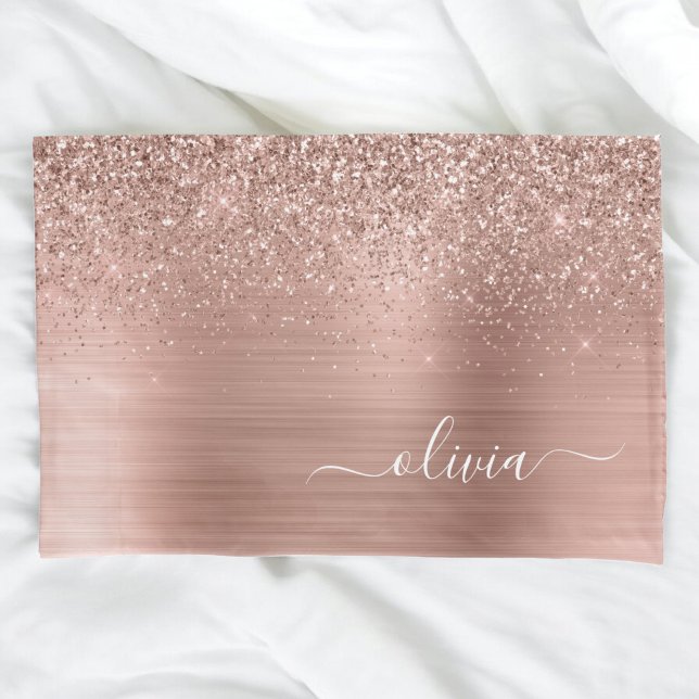 Brushed Metal Rose Gold Pink Glitter Monogram Pillow Case (Creator Uploaded)
