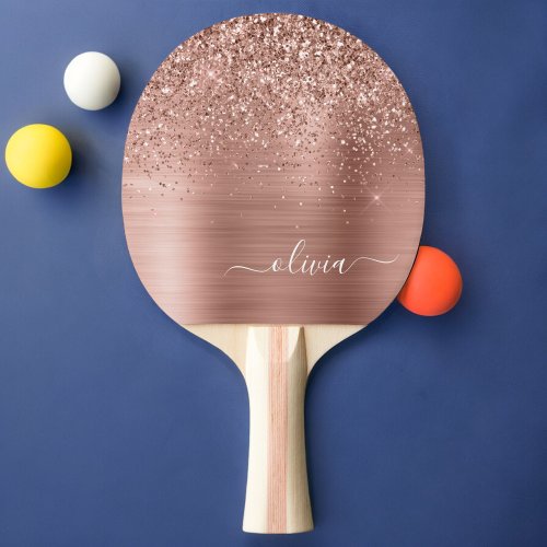 Brushed Metal Rose Gold Pink Glitter Monogram Ping Pong Paddle