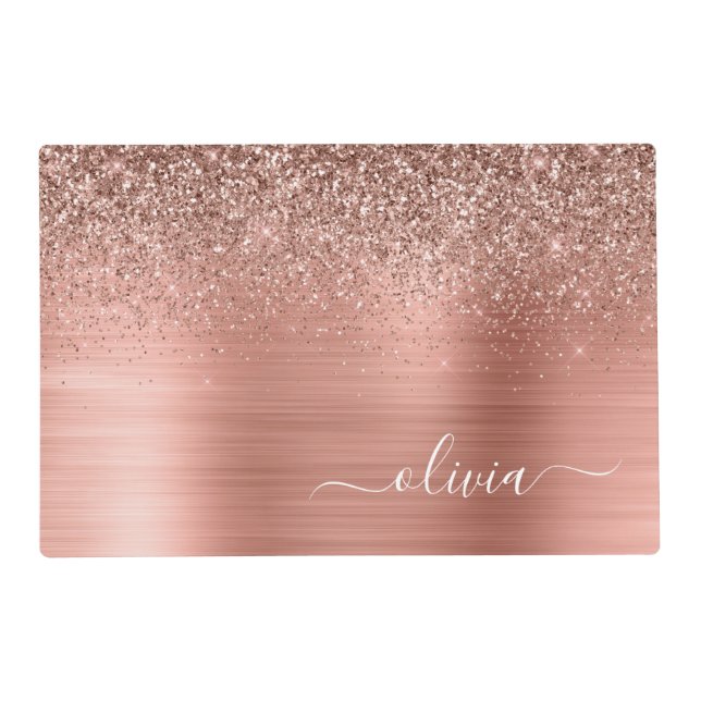 Brushed Metal Rose Gold Pink Glitter Monogram Placemat (Front)