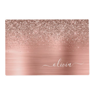 Brushed Metal Rose Gold Pink Glitter Monogram Placemat