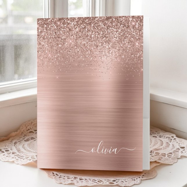 Brushed Metal Rose Gold Pink Glitter Monogram Pocket Folder (Creator Uploaded)