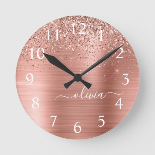Brushed Metal Rose Gold Pink Glitter Monogram Round Clock