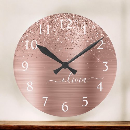 Brushed Metal Rose Gold Pink Glitter Monogram Round Clock