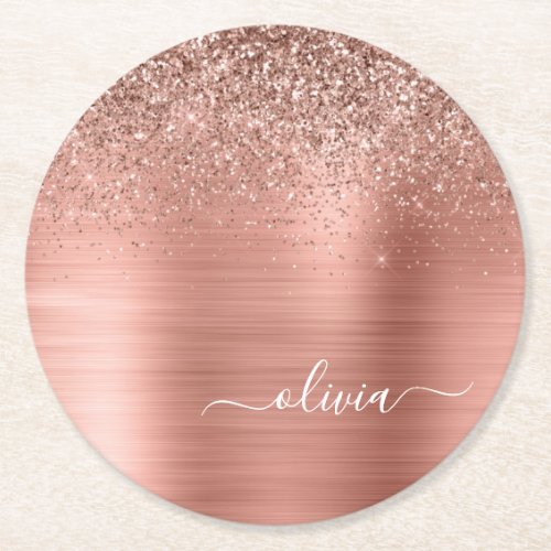 Brushed Metal Rose Gold Pink Glitter Monogram Round Paper Coaster