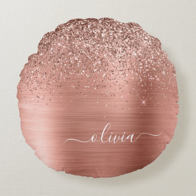 Brushed Metal Rose Gold Pink Glitter Monogram Round Pillow (Front)