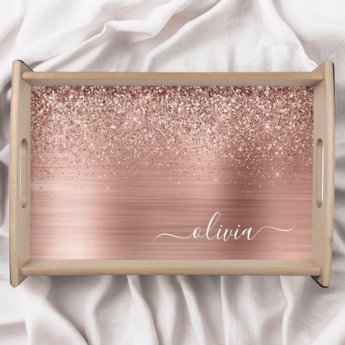 Brushed Metal Rose Gold Pink Glitter Monogram Serving Tray