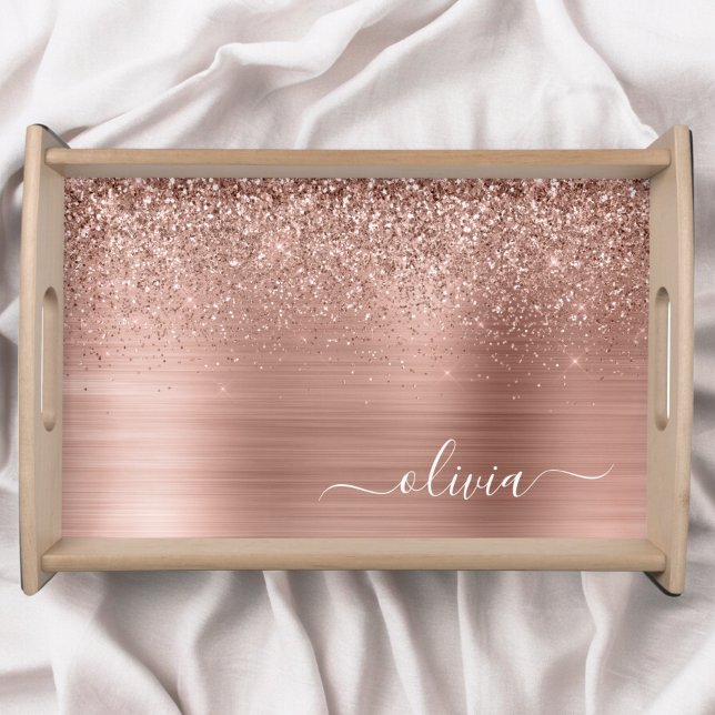 Brushed Metal Rose Gold Pink Glitter Monogram Serving Tray (Creator Uploaded)