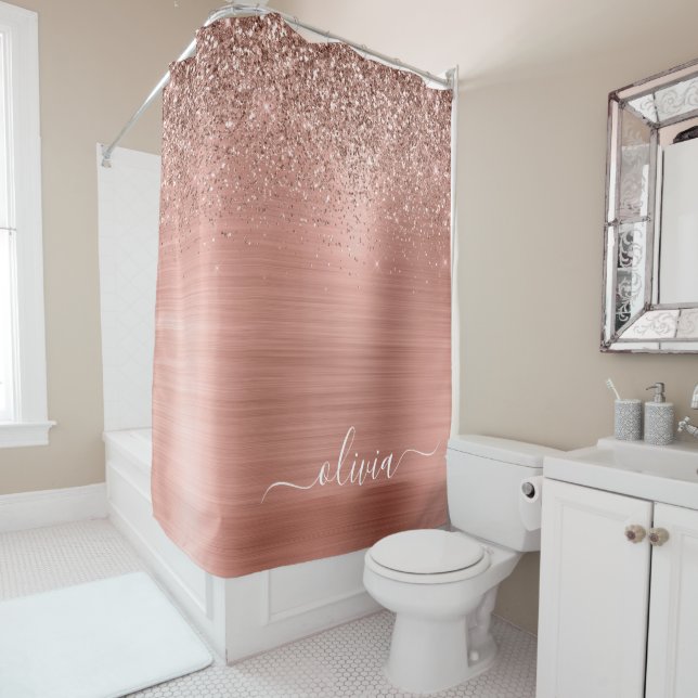 Brushed Metal Rose Gold Pink Glitter Monogram Shower Curtain (In Situ)