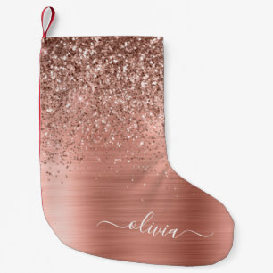 Brushed Metal Rose Gold Pink Glitter Monogram Small Christmas Stocking