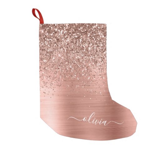 Brushed Metal Rose Gold Pink Glitter Monogram Small Christmas Stocking