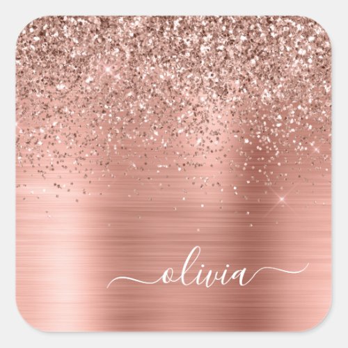 Brushed Metal Rose Gold Pink Glitter Monogram Square Sticker