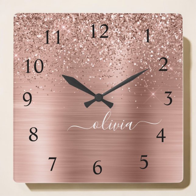 Brushed Metal Rose Gold Pink Glitter Monogram Square Wall Clock (Creator Uploaded)
