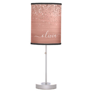Brushed Metal Rose Gold Pink Glitter Monogram Table Lamp