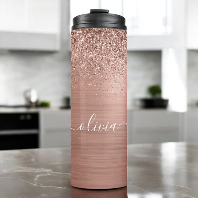 Brushed Metal Rose Gold Pink Glitter Monogram Thermal Tumbler (Creator Uploaded)