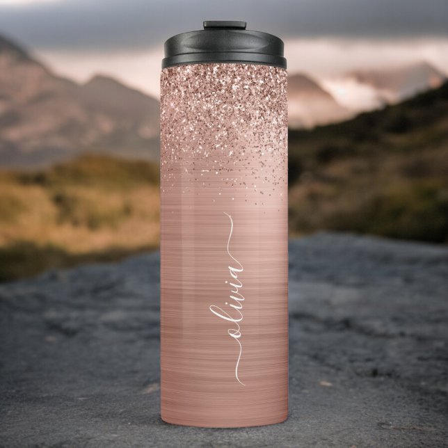 Brushed Metal Rose Gold Pink Glitter Monogram Thermal Tumbler (Creator Uploaded)