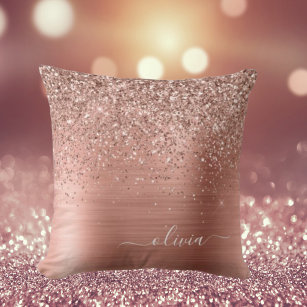 Brushed Metal Rose Gold Pink Glitter Monogram Throw Pillow