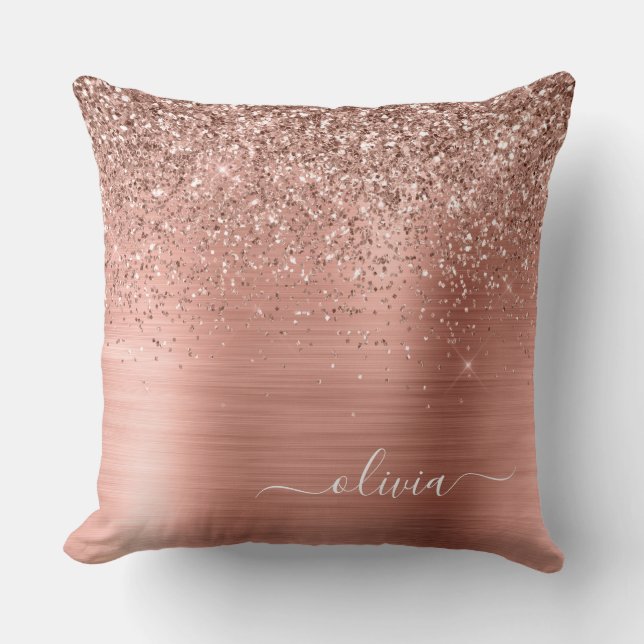 Brushed Metal Rose Gold Pink Glitter Monogram Throw Pillow (Front)