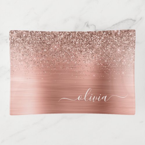 Brushed Metal Rose Gold Pink Glitter Monogram Trinket Tray