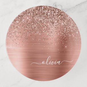 Brushed Metal Rose Gold Pink Glitter Monogram Trinket Tray