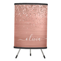 Brushed Metal Rose Gold Pink Glitter Monogram Tripod Lamp