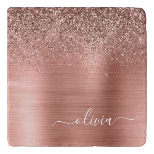 Brushed Metal Rose Gold Pink Glitter Monogram Trivet