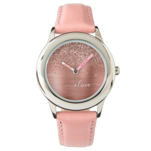 Brushed Metal Rose Gold Pink Glitter Monogram Watch