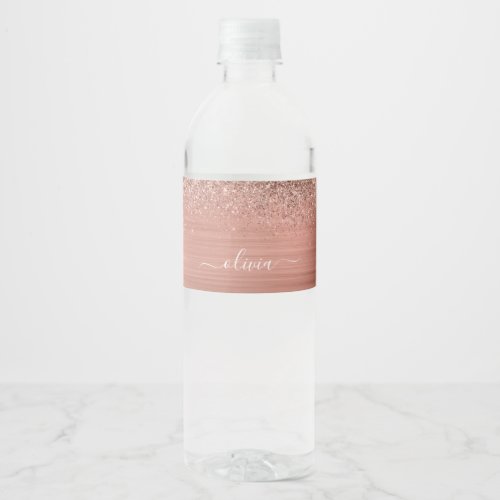 Brushed Metal Rose Gold Pink Glitter Monogram Water Bottle Label