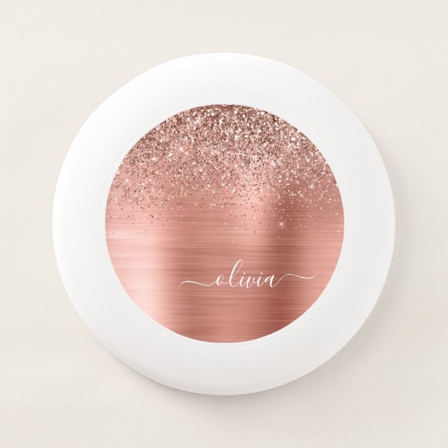 Brushed Metal Rose Gold Pink Glitter Monogram Wham-O Frisbee (Front)