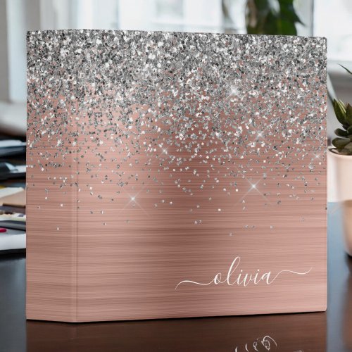 Brushed Metal Rose Gold Silver Glitter Monogram 3 Ring Binder