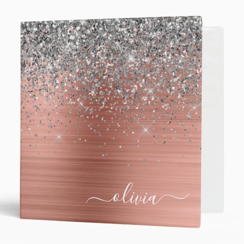 Brushed Metal Rose Gold Silver Glitter Monogram 3 Ring Binder