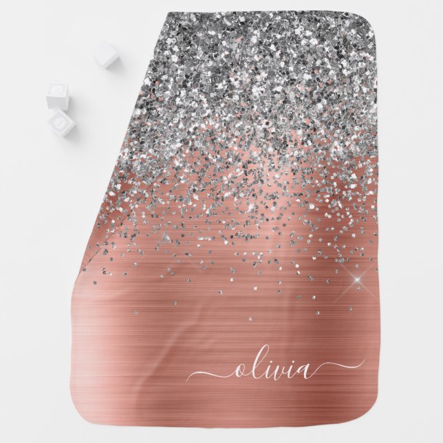 Brushed Metal Rose Gold Silver Glitter Monogram Baby Blanket (In Situ)