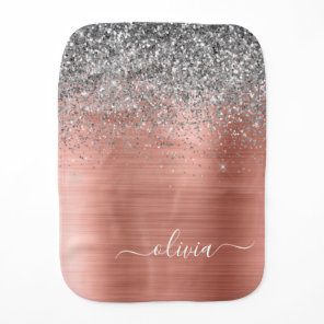 Brushed Metal Rose Gold Silver Glitter Monogram Baby Burp Cloth