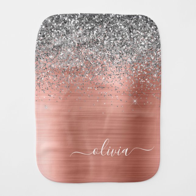 Brushed Metal Rose Gold Silver Glitter Monogram Baby Burp Cloth (Front)