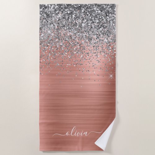 Brushed Metal Rose Gold Silver Glitter Monogram Beach Towel