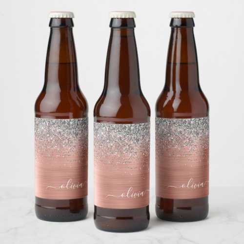 Brushed Metal Rose Gold Silver Glitter Monogram Beer Bottle Label