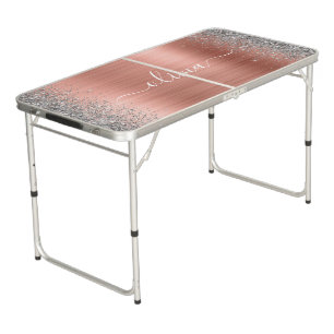 Brushed Metal Rose Gold Silver Glitter Monogram Beer Pong Table