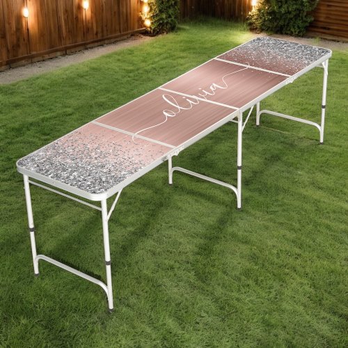 Brushed Metal Rose Gold Silver Glitter Monogram Beer Pong Table