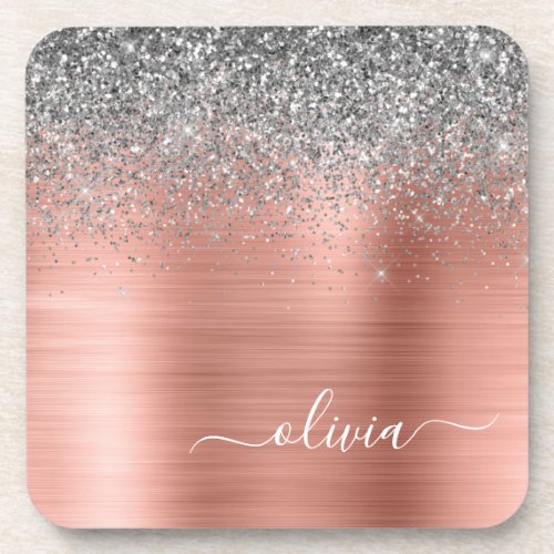 Brushed Metal Rose Gold Silver Glitter Monogram Beverage Coaster