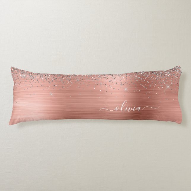 Brushed Metal Rose Gold Silver Glitter Monogram Body Pillow (Front)