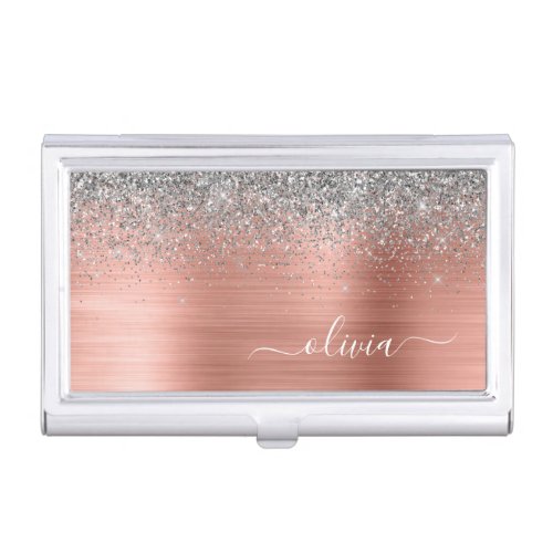 Brushed Metal Rose Gold Silver Glitter Monogram Business Card Case