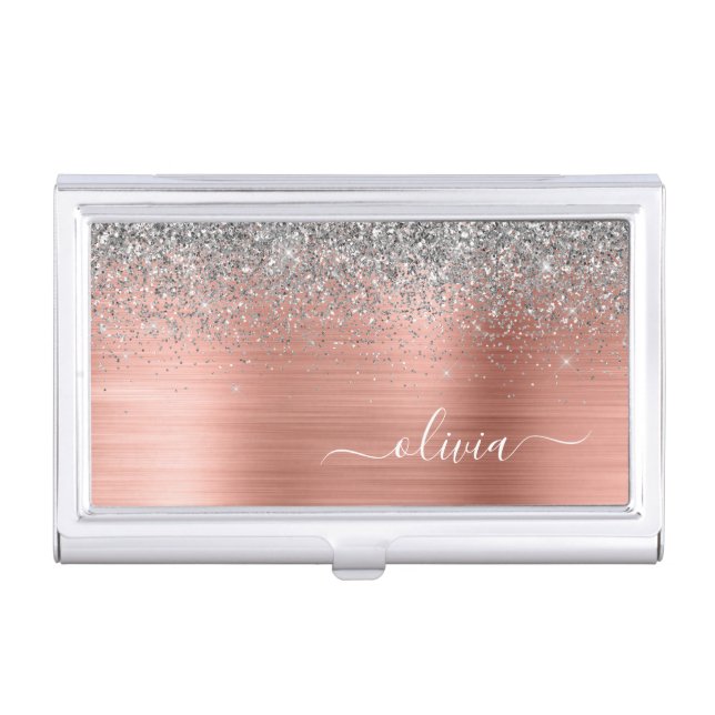 Brushed Metal Rose Gold Silver Glitter Monogram Business Card Case (Front)