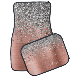 Brushed Metal Rose Gold Silver Glitter Monogram Car Floor Mat