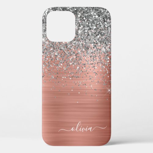 Brushed Metal Rose Gold Silver Glitter Monogram iPhone 12 Case