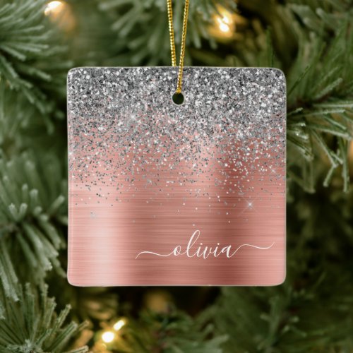 Brushed Metal Rose Gold Silver Glitter Monogram Ceramic Ornament