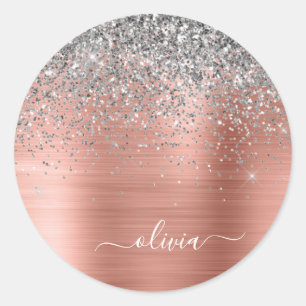 Brushed Metal Rose Gold Silver Glitter Monogram Classic Round Sticker