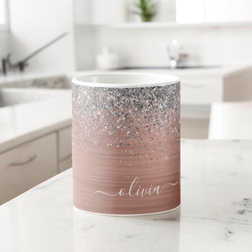 Brushed Metal Rose Gold Silver Glitter Monogram Coffee Mug