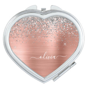 Brushed Metal Rose Gold Silver Glitter Monogram Compact Mirror